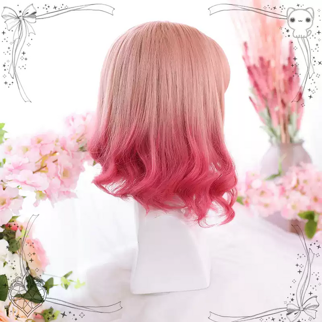 Gradient pink short curly wig KW200