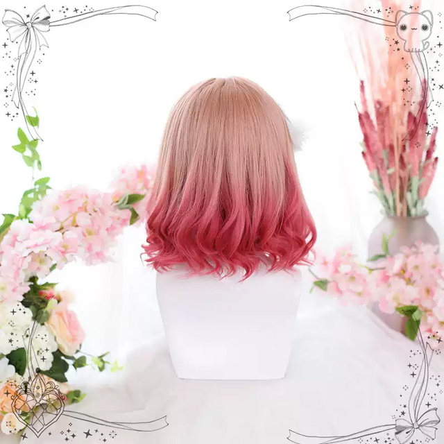 Gradient pink short curly wig KW200