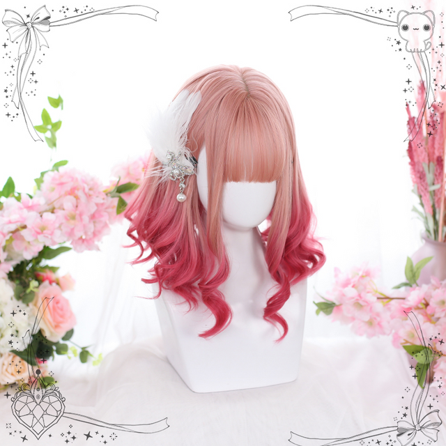 Gradient pink short curly wig KW200